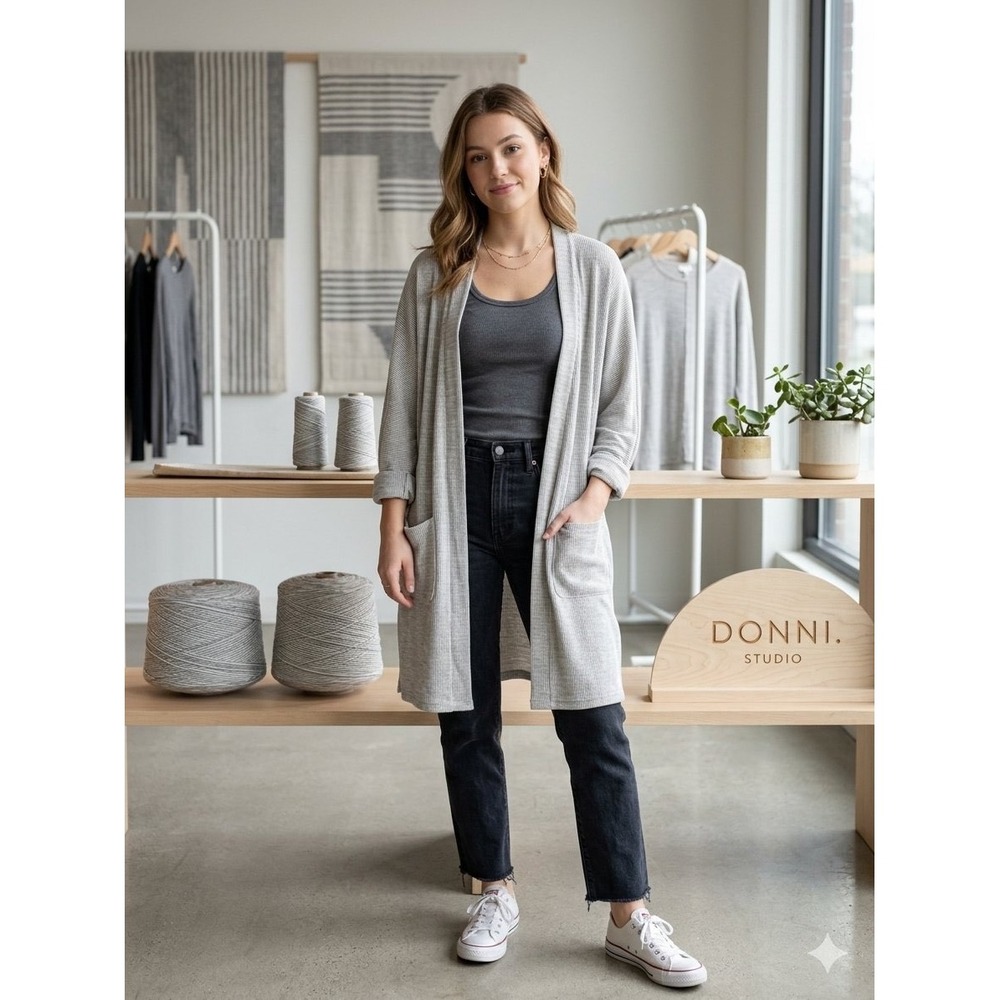 DONNI. Sandwash Ribbed Duster Cardigan One Size Gray White Micro Stripe Coastal